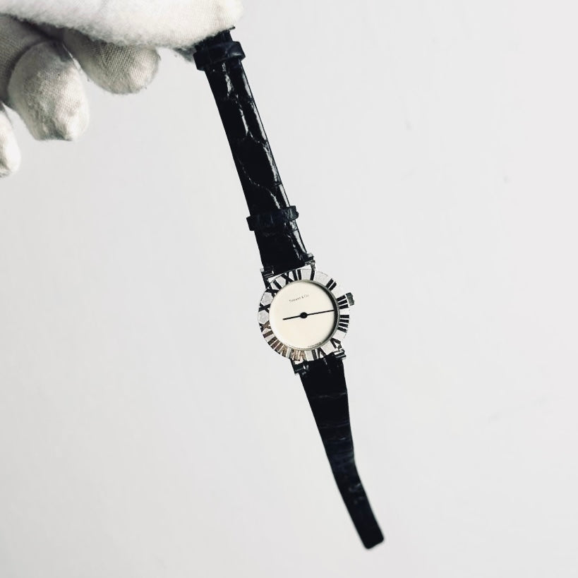 Tiffany & Co T&C Atlas Round White Dial Roman Numerals Black Embossed Leather Strap 24MM Quartz Watch