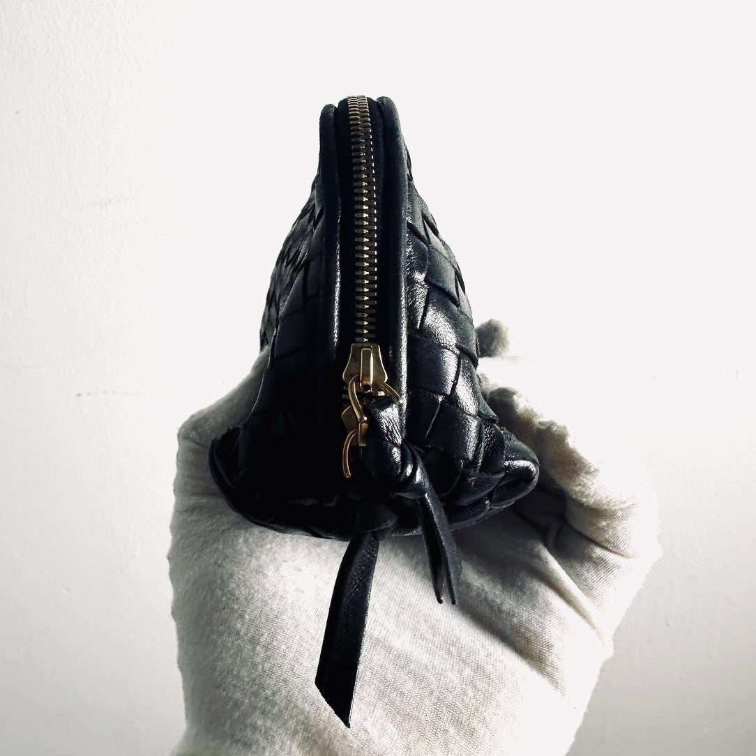 Bottega Veneta BV Black GHW Intrecciato Nappa Woven Leather Zip Cosmetic Toiletry Pouch Clutch Case