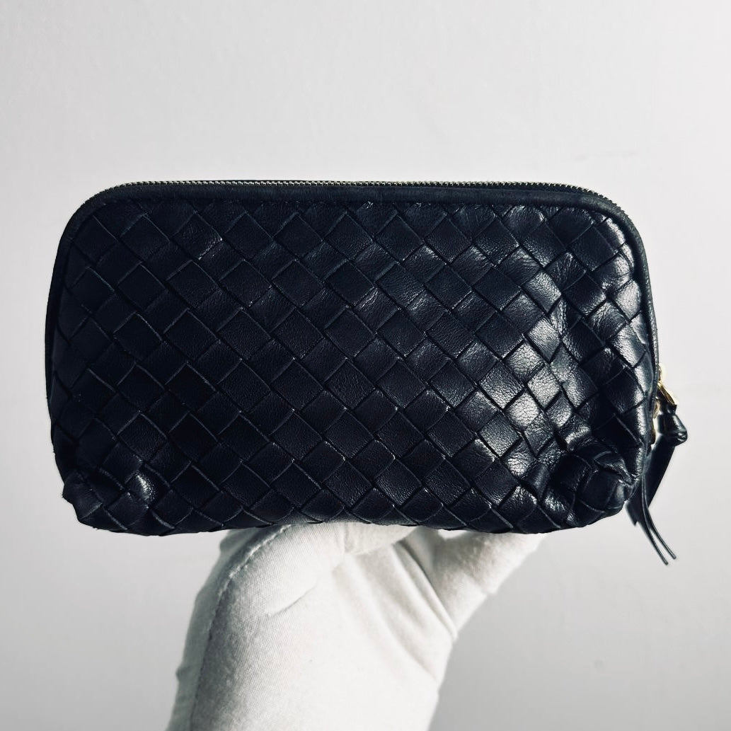 Bottega Veneta BV Black GHW Intrecciato Nappa Woven Leather Zip Cosmetic Toiletry Pouch Clutch Case