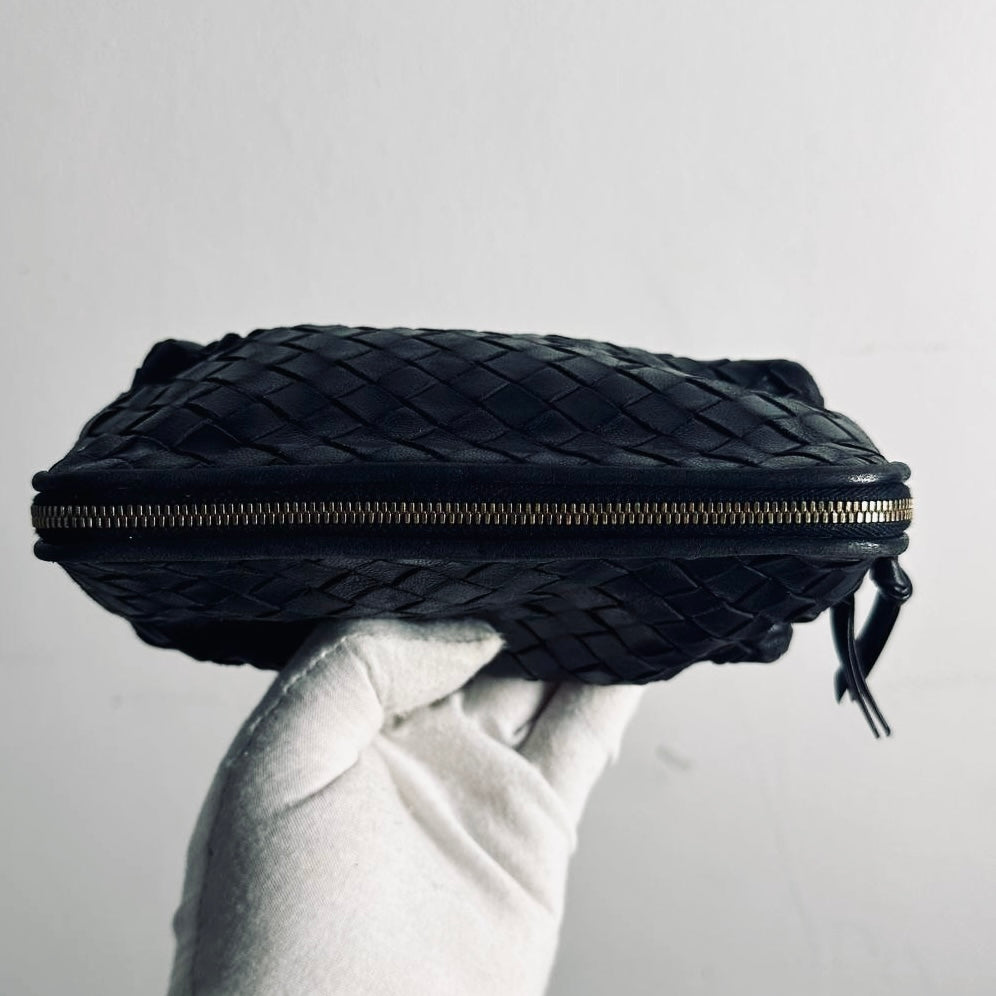 Bottega Veneta BV Black GHW Intrecciato Nappa Woven Leather Zip Cosmetic Toiletry Pouch Clutch Case