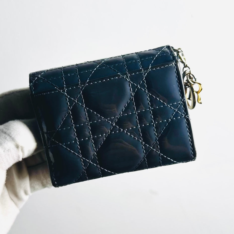 Christian Dior CD Lady Dior Dark Blue GHW Cannage Quilted Patent Monogram Logo Charms Flap Compact Trifold Wallet
