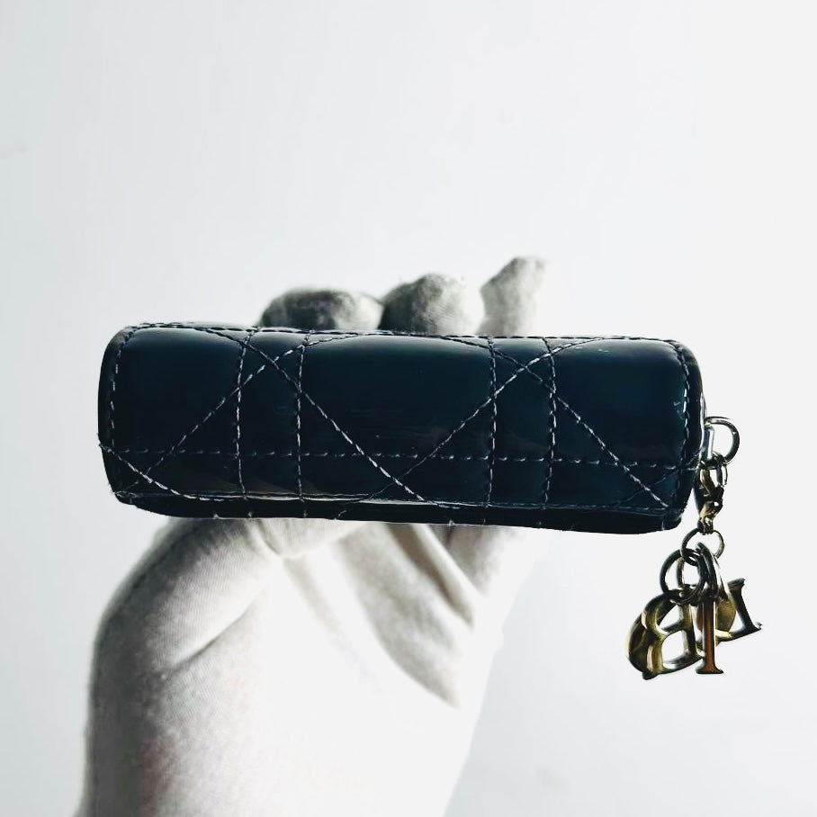 Christian Dior CD Lady Dior Dark Blue GHW Cannage Quilted Patent Monogram Logo Charms Flap Compact Trifold Wallet