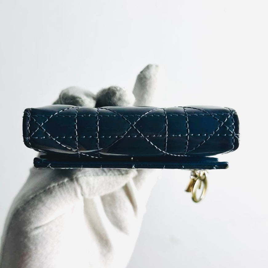 Christian Dior CD Lady Dior Dark Blue GHW Cannage Quilted Patent Monogram Logo Charms Flap Compact Trifold Wallet