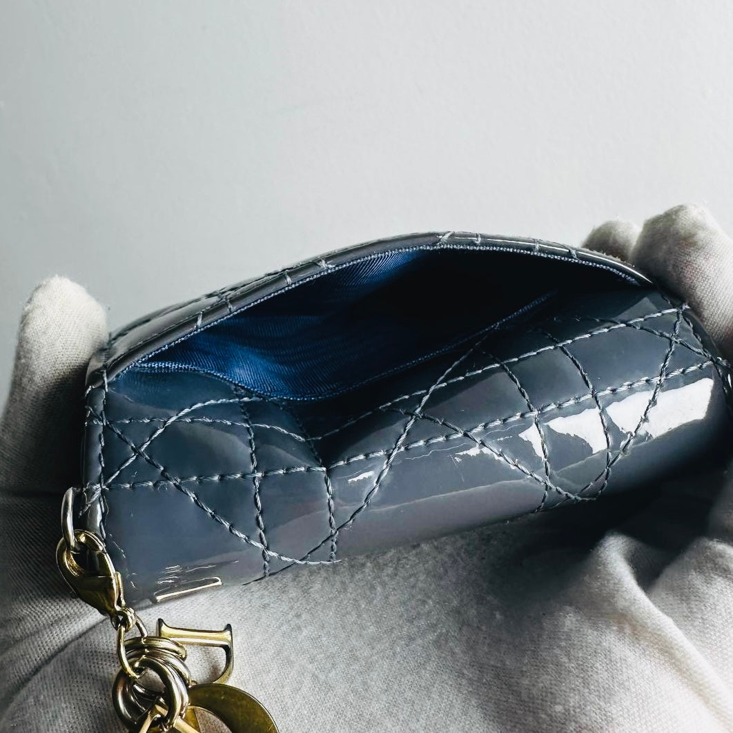Christian Dior CD Lady Dior Dark Blue GHW Cannage Quilted Patent Monogram Logo Charms Flap Compact Trifold Wallet