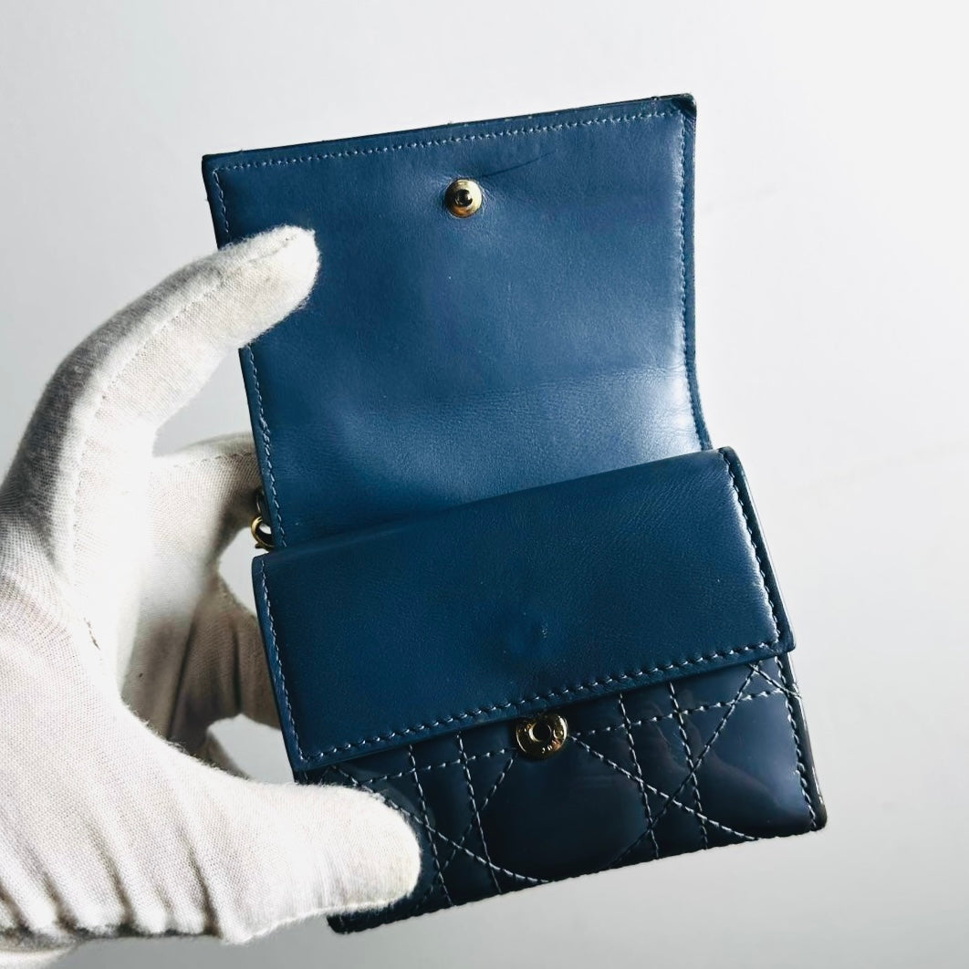Christian Dior CD Lady Dior Dark Blue GHW Cannage Quilted Patent Monogram Logo Charms Flap Compact Trifold Wallet