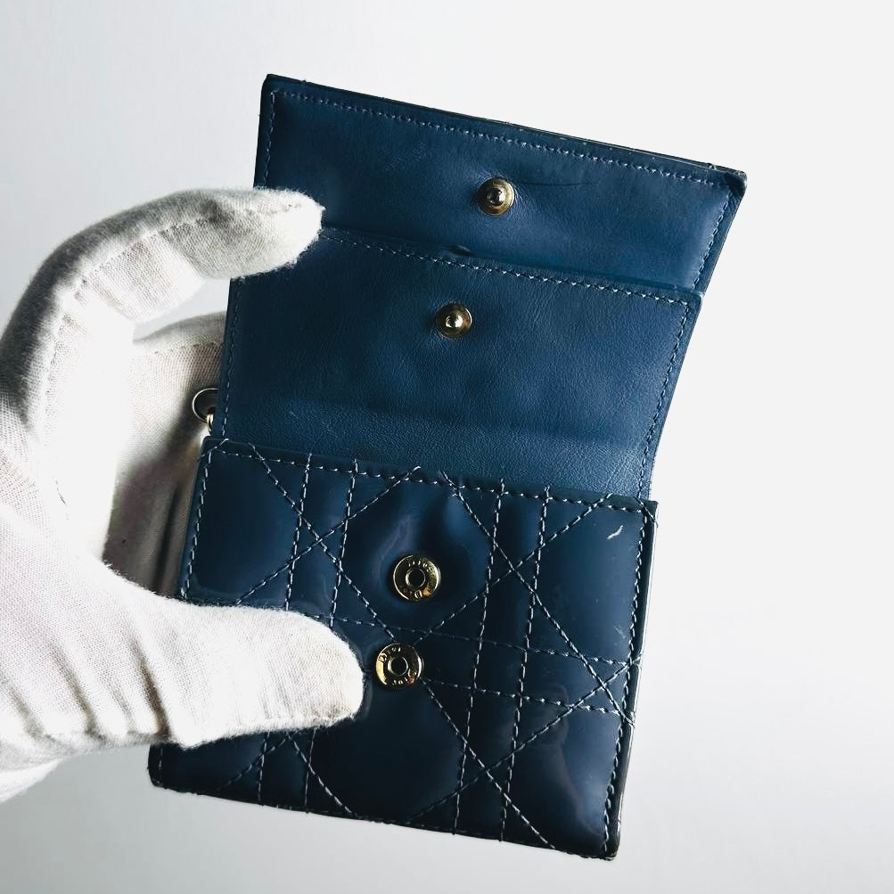 Christian Dior CD Lady Dior Dark Blue GHW Cannage Quilted Patent Monogram Logo Charms Flap Compact Trifold Wallet