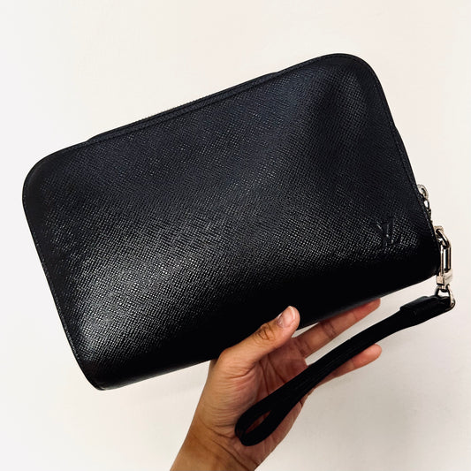 Louis Vuitton LV Orsay Black Monogram Logo Epi Leather Wrislet Toiletry Pouch Clutch Case