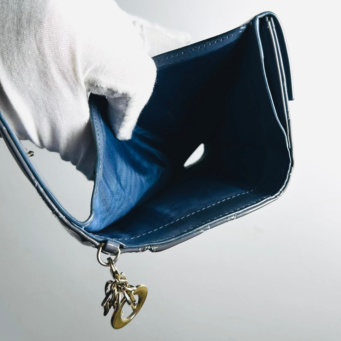 Christian Dior CD Lady Dior Dark Blue GHW Cannage Quilted Patent Monogram Logo Charms Flap Compact Trifold Wallet