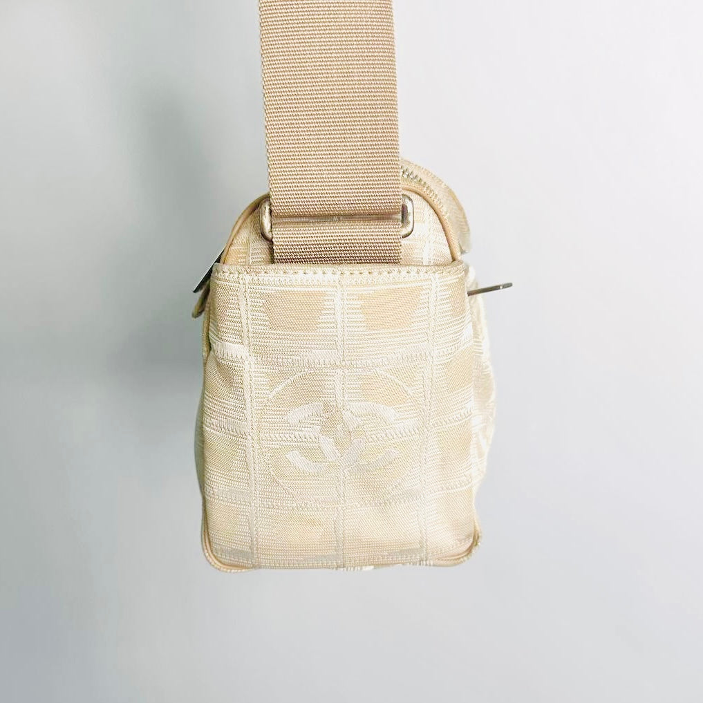 Chanel Taupe Beige Travel Line Quilted Jacquard CC Monogram Logo Shoulder Sling Hobo Baguette Bag 7s