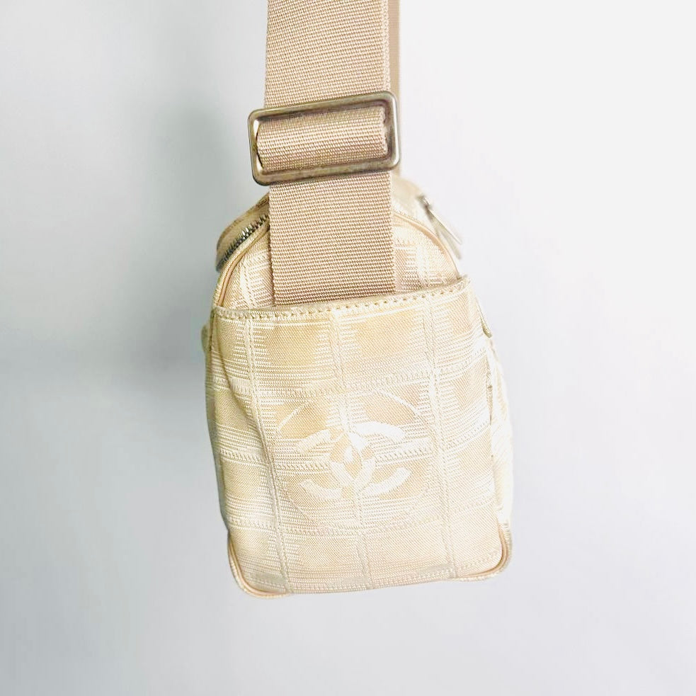 Chanel Taupe Beige Travel Line Quilted Jacquard CC Monogram Logo Shoulder Sling Hobo Baguette Bag 7s