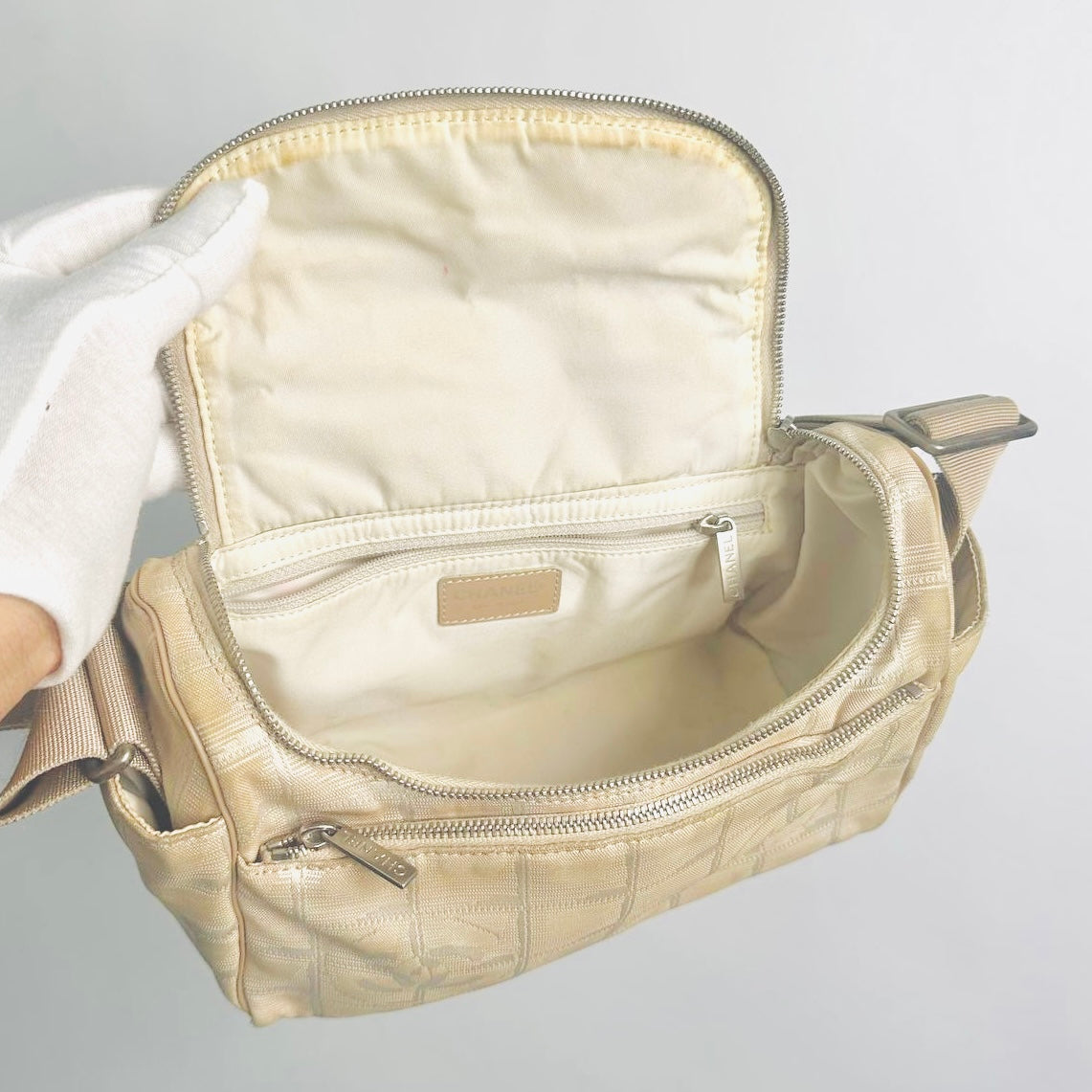 Chanel Taupe Beige Travel Line Quilted Jacquard CC Monogram Logo Shoulder Sling Hobo Baguette Bag 7s