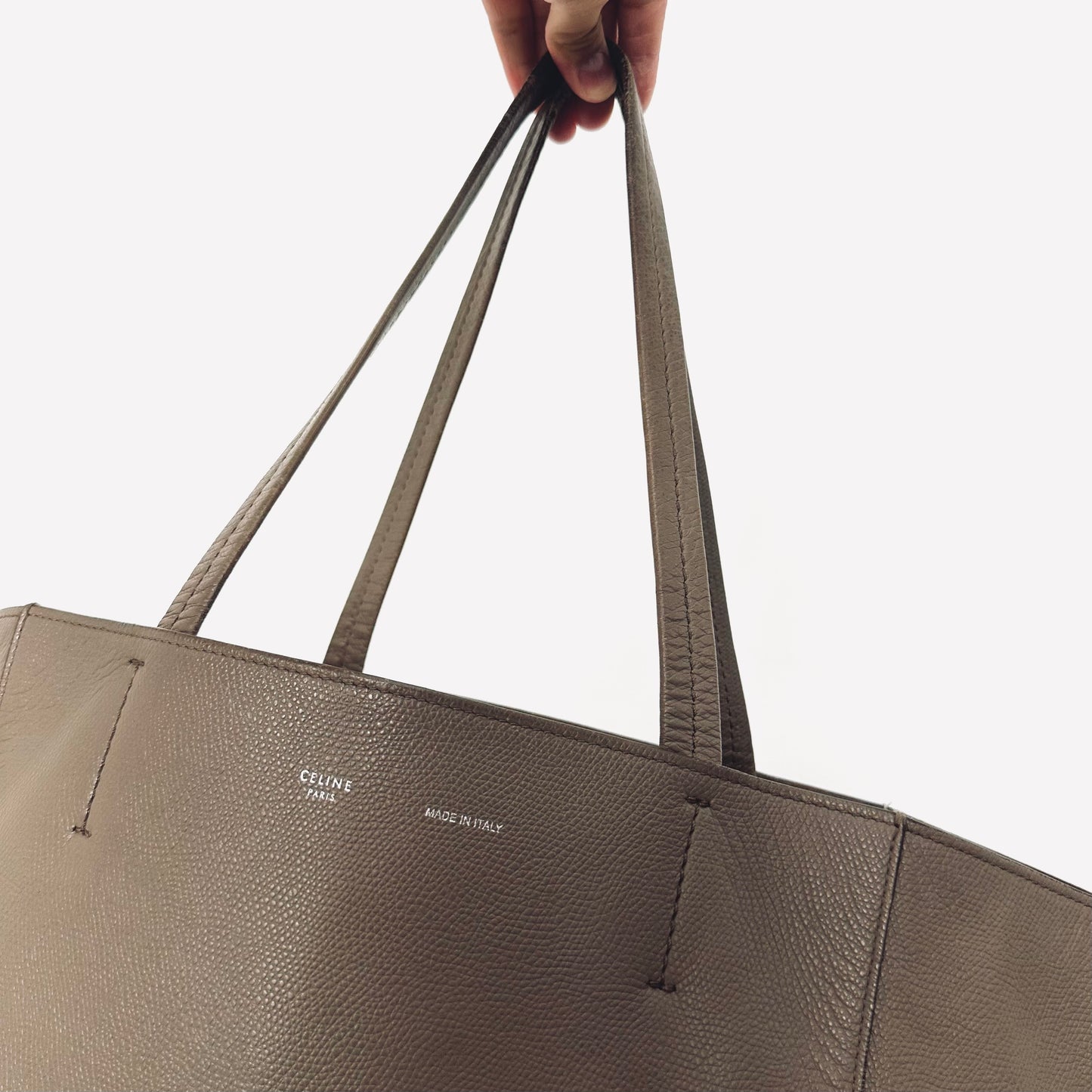 Celine Taupe GHW Cabas Phantom Small Monogram Logo Shopping Shoulder Tote Bag Soft Grained Calfskin