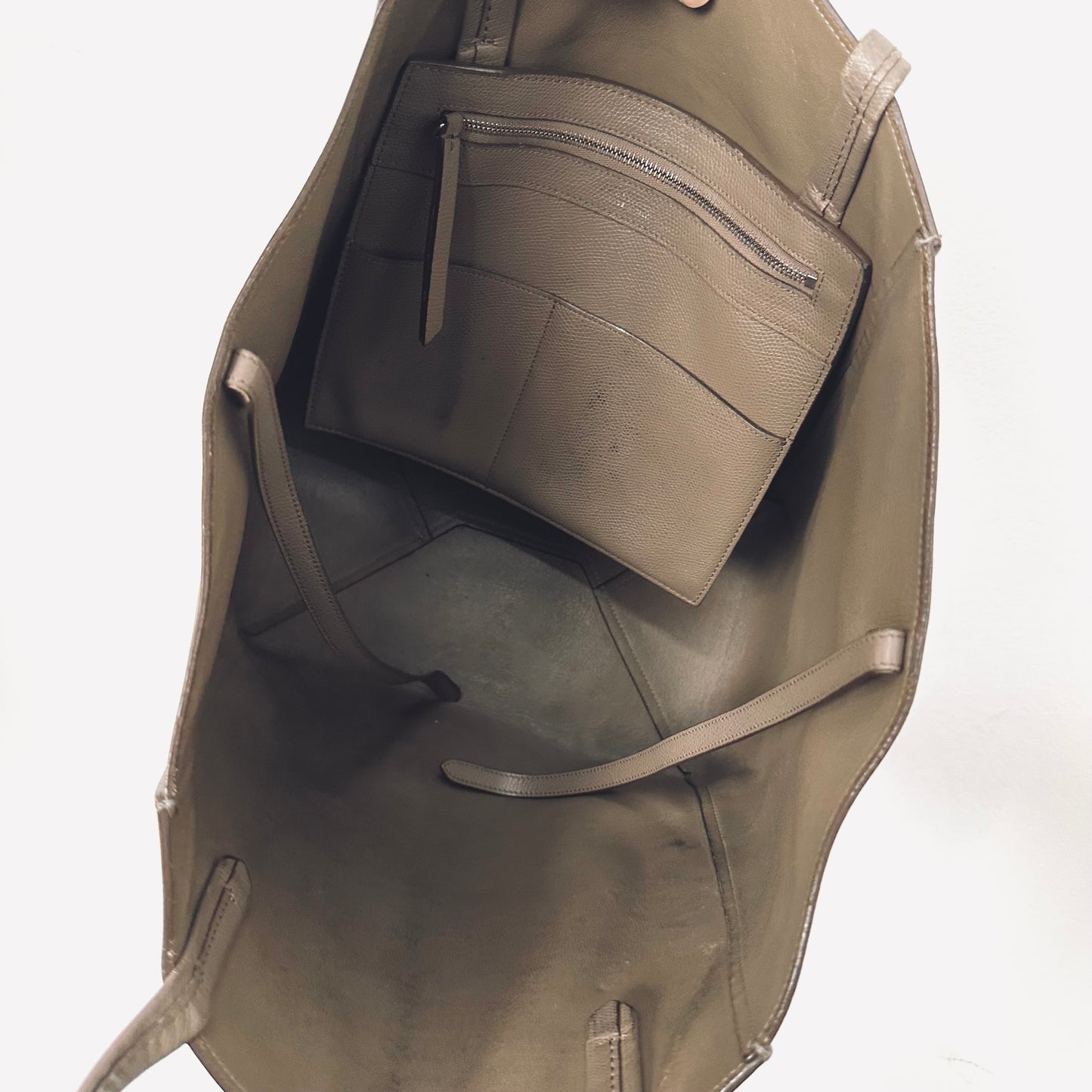 Celine Taupe GHW Cabas Phantom Small Monogram Logo Shopping Shoulder Tote Bag Soft Grained Calfskin