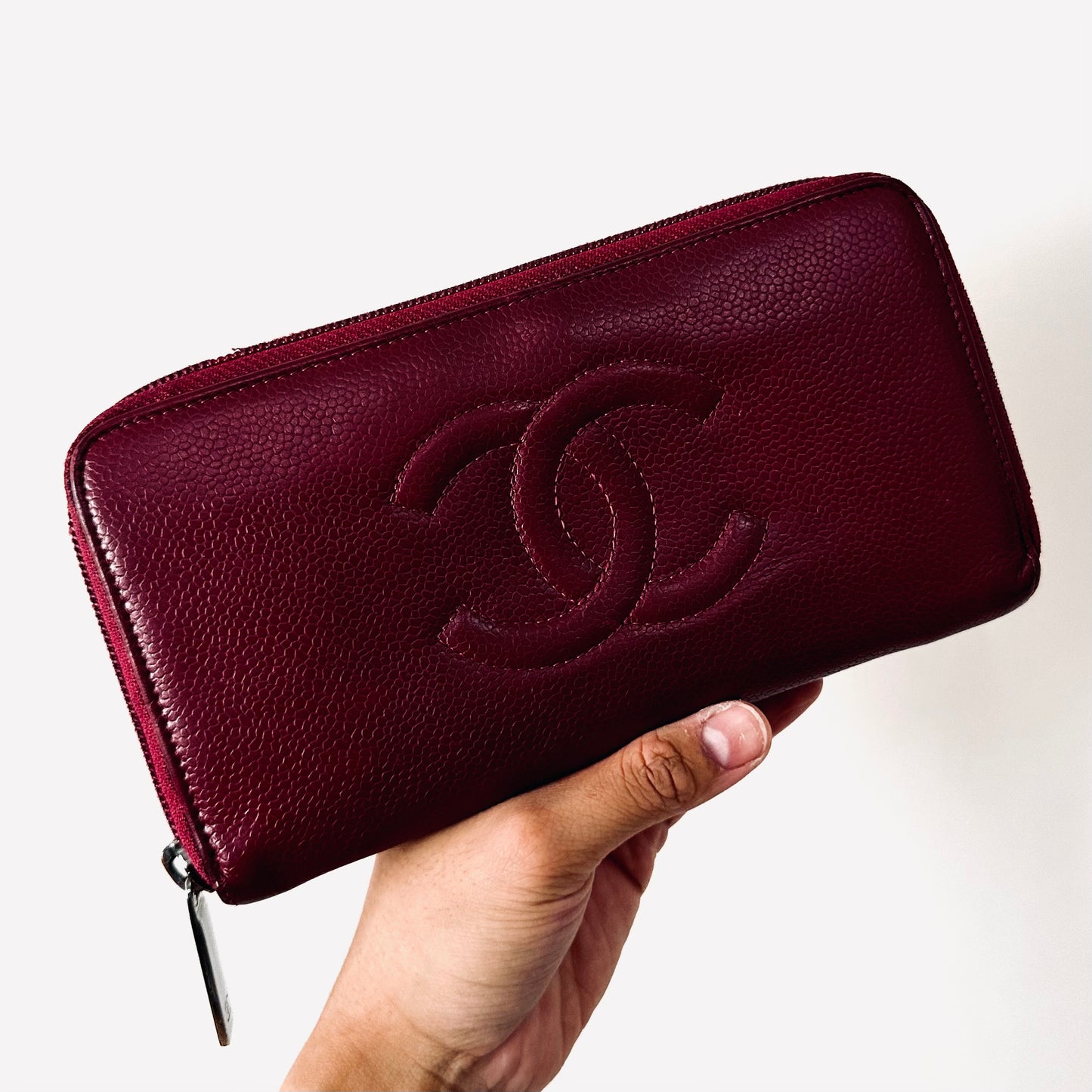 Chanel Maroon Burgundy Caviar Leather Giant CC Logo Zip Around Zippy Vintage Long Wallet