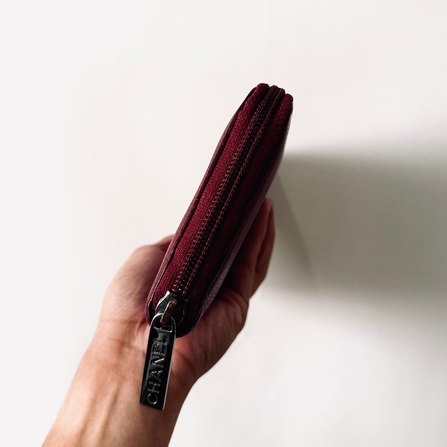Chanel Maroon Burgundy Caviar Leather Giant CC Logo Zip Around Zippy Vintage Long Wallet