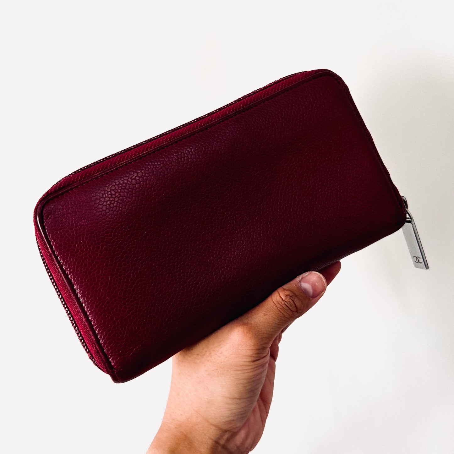 Chanel Maroon Burgundy Caviar Leather Giant CC Logo Zip Around Zippy Vintage Long Wallet