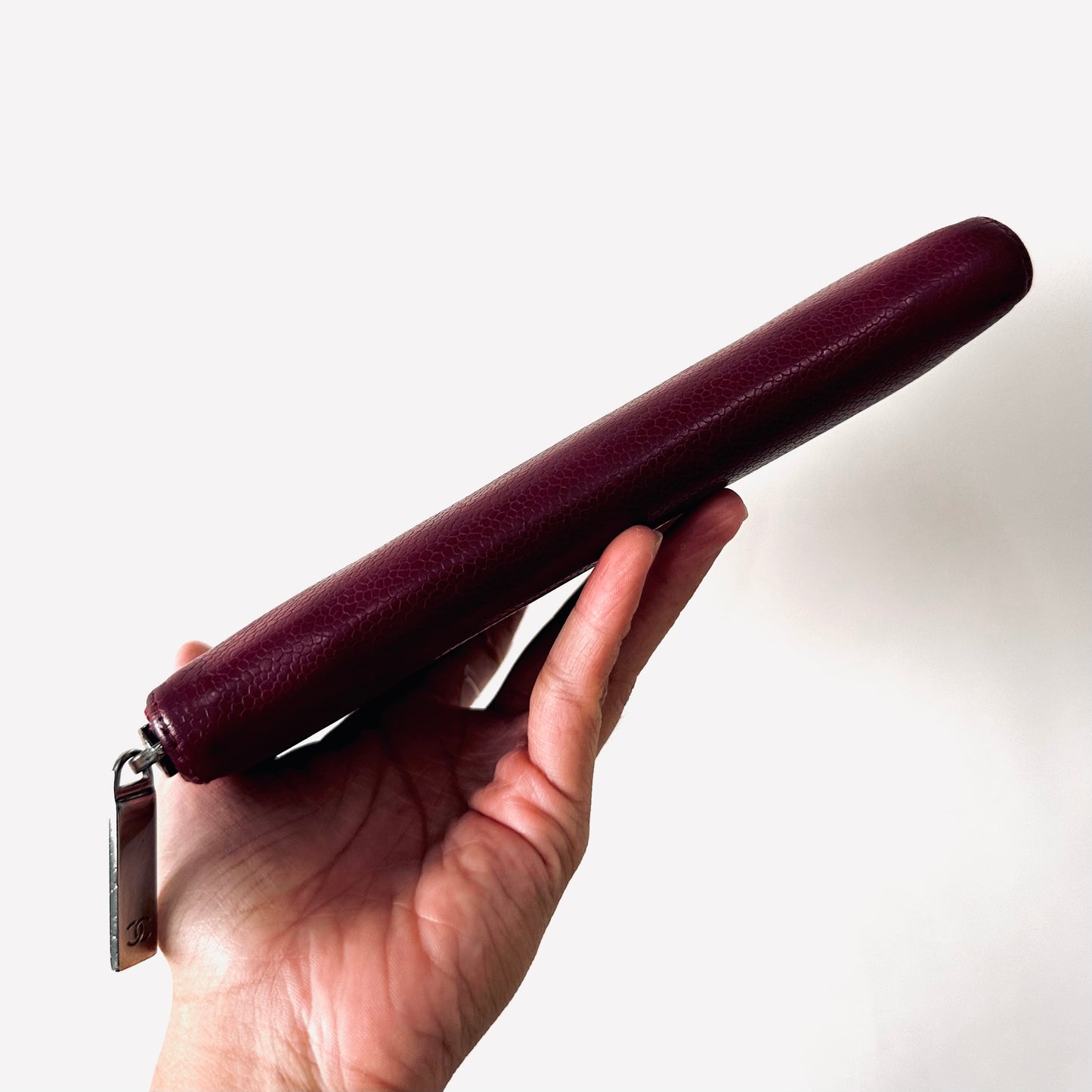 Chanel Maroon Burgundy Caviar Leather Giant CC Logo Zip Around Zippy Vintage Long Wallet