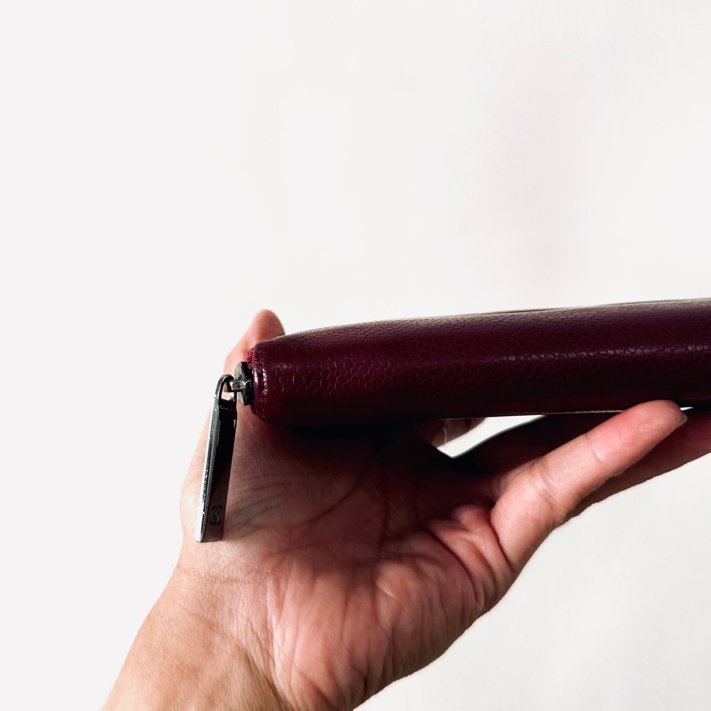 Chanel Maroon Burgundy Caviar Leather Giant CC Logo Zip Around Zippy Vintage Long Wallet