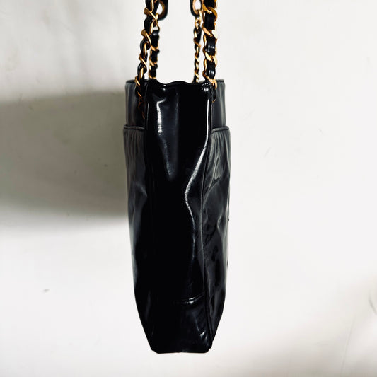 Chanel Black GHW Giant CC Logo Vintage Patent Leather Shopper Shoulder Tote Bag 2s