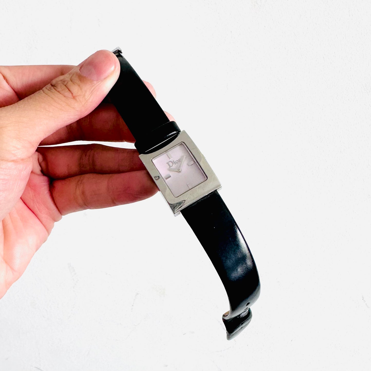 Christian Dior CD Pink Square Dial Black Leather Strap 19MM Watch