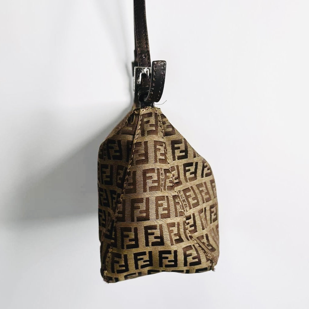 Fendi Brown FF Zucca Zucchino Monogram Logo Pochette Baguette Hobo Shoulder Bag