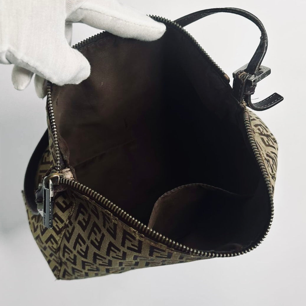 Fendi Brown FF Zucca Zucchino Monogram Logo Pochette Baguette Hobo Shoulder Bag