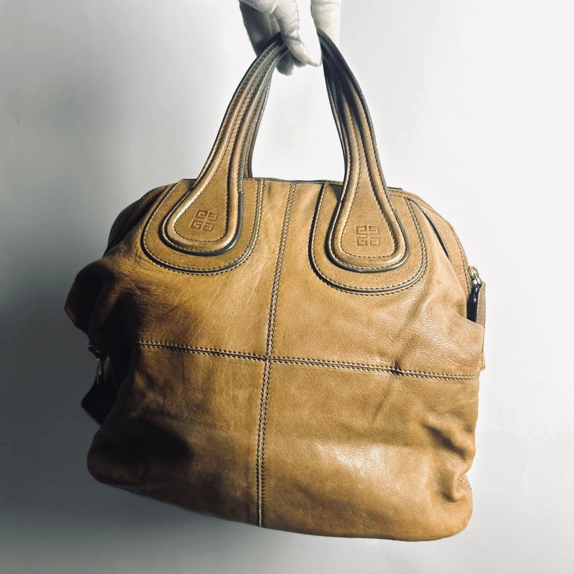Givenchy Nightingale Caramel Brown GHW Leather Monogram Logo 2-Way Shoulder Sling Top Handle Tote Bag