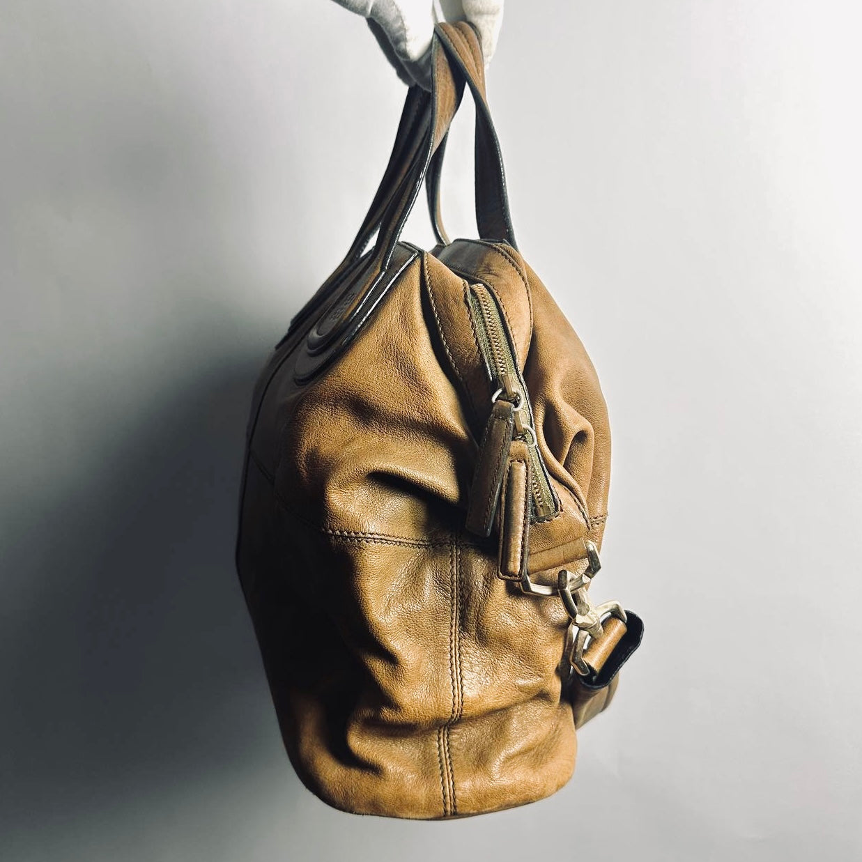 Givenchy Nightingale Caramel Brown GHW Leather Monogram Logo 2-Way Shoulder Sling Top Handle Tote Bag