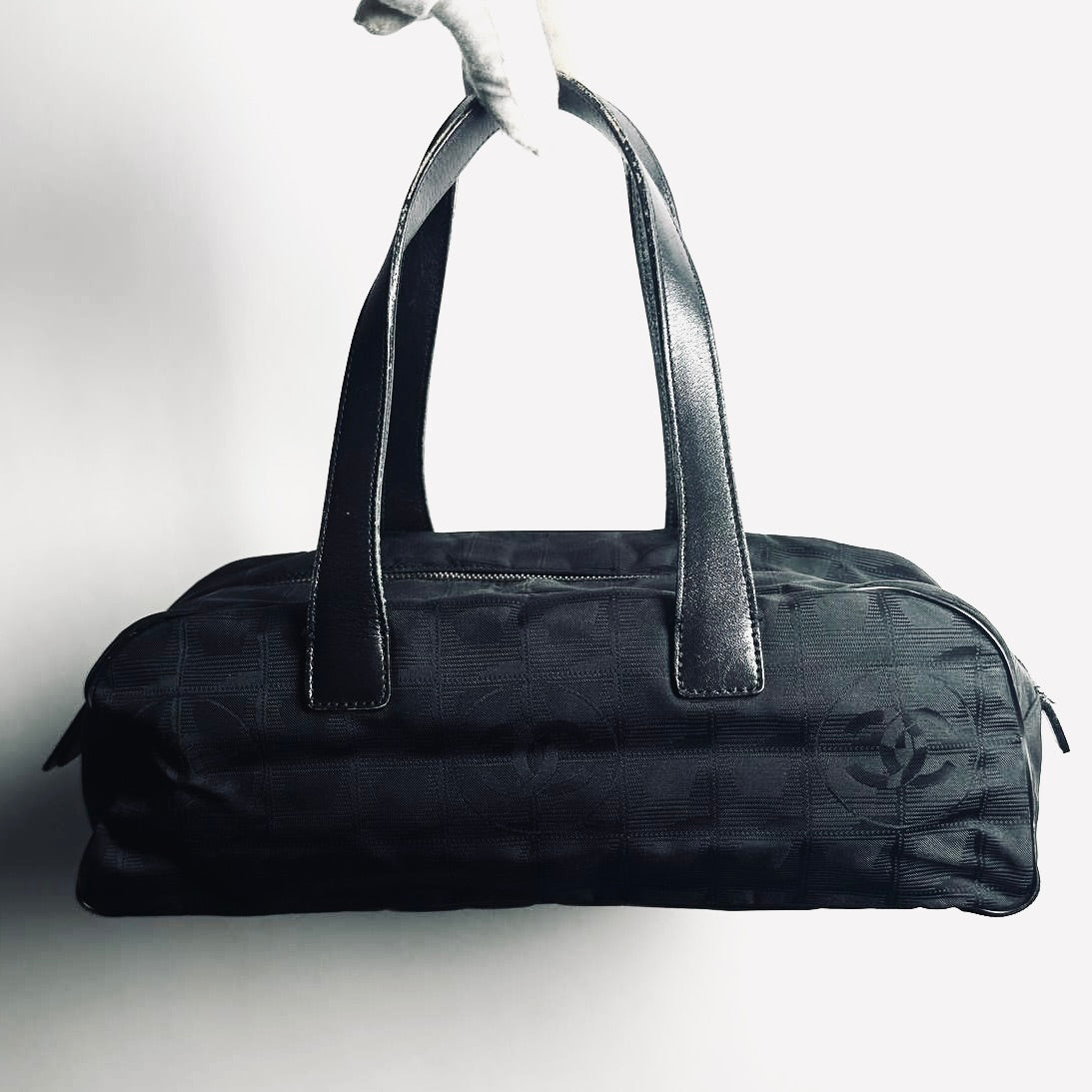 Chanel Black Travel Line East West Quilted Jacquard CC Monogram Logo Shoulder Shopper Boston Tote Bag 7s