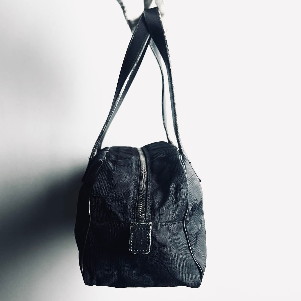 Chanel Black Travel Line East West Quilted Jacquard CC Monogram Logo Shoulder Shopper Boston Tote Bag 7s