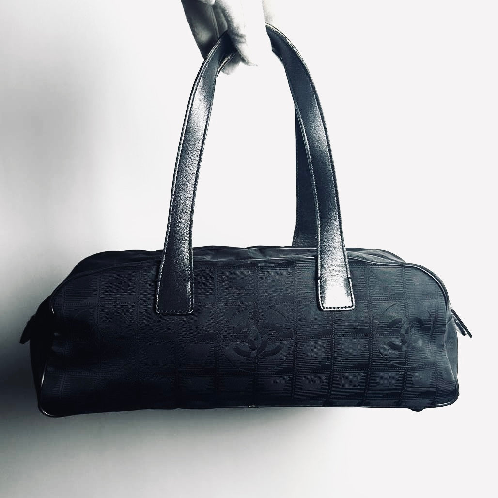 Chanel Black Travel Line East West Quilted Jacquard CC Monogram Logo Shoulder Shopper Boston Tote Bag 7s