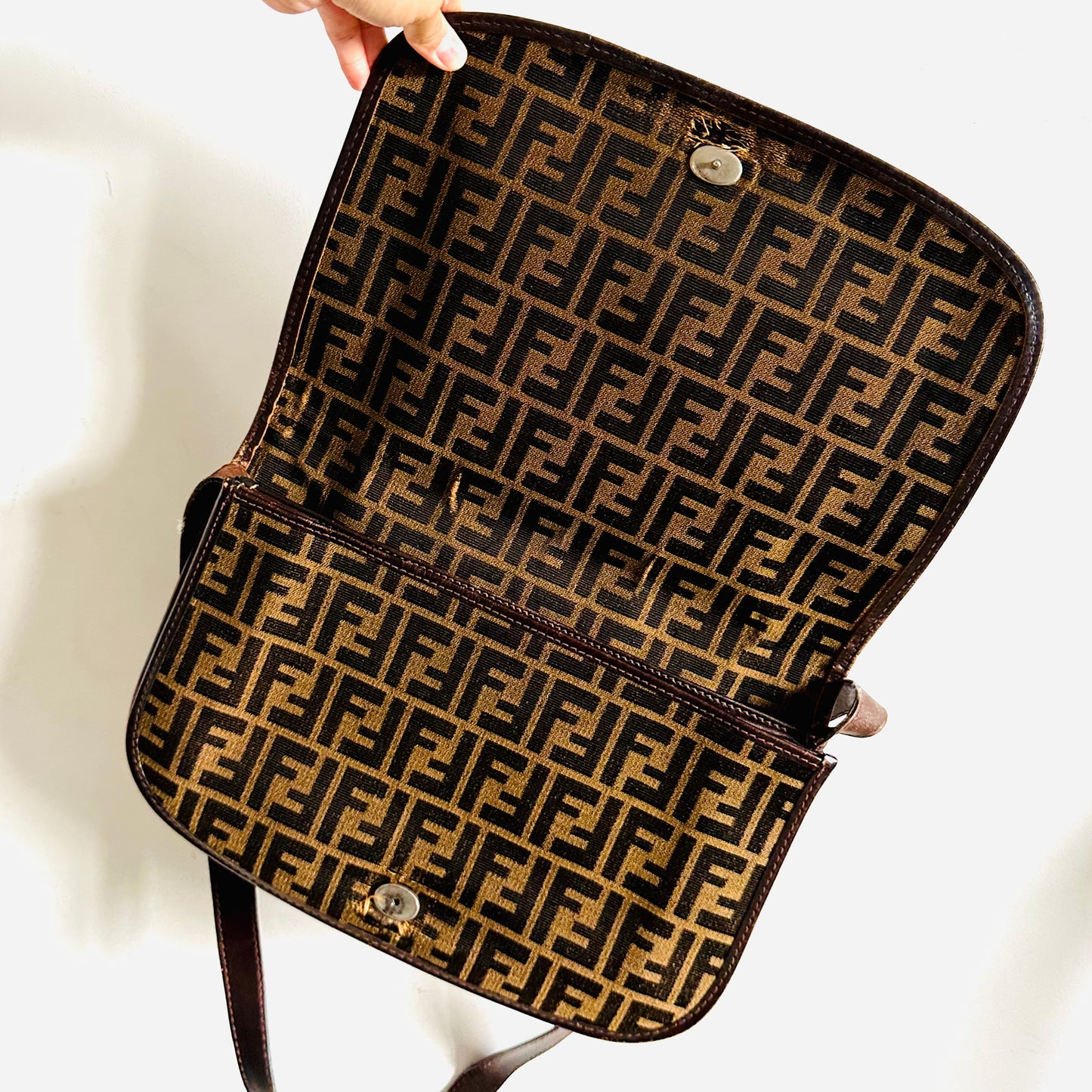 Fendi Brown Zucca FF Monogram Logo Full Flap Shoulder Sling Bag