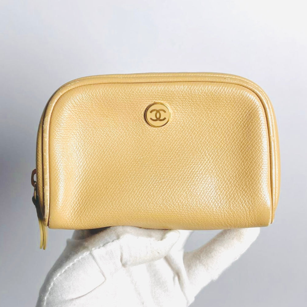 Chanel Beige GHW Caviar CC Monogram Logo Zip Toiletry Cosmetic Pouch Clutch Case 8s