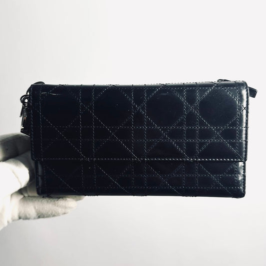 Christian Dior CD Black Lady Dior Cannage Quilted Patent Logo Monogram Flap Long Trifold Wallet