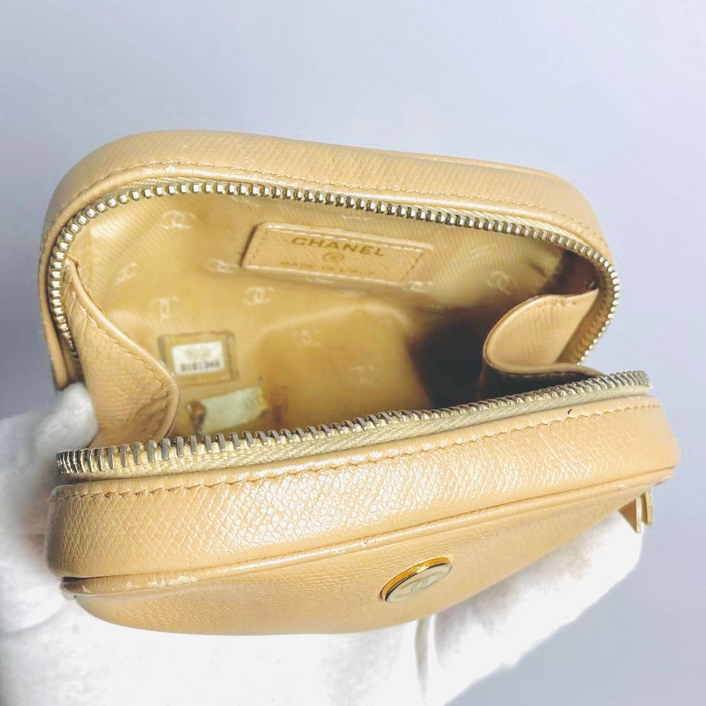 Chanel Beige GHW Caviar CC Monogram Logo Zip Toiletry Cosmetic Pouch Clutch Case 8s