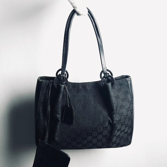 Gucci Black GG Monogram Logo Shopper Shoulder Tote Bag With Pouch