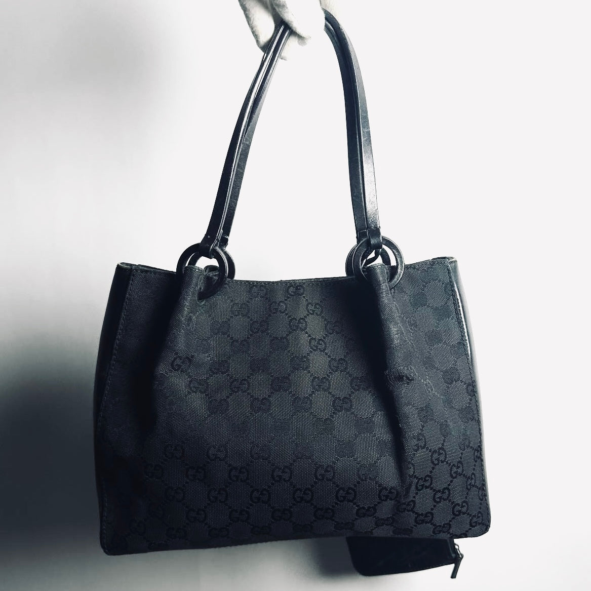 Gucci Black GG Monogram Logo Shopper Shoulder Tote Bag With Pouch