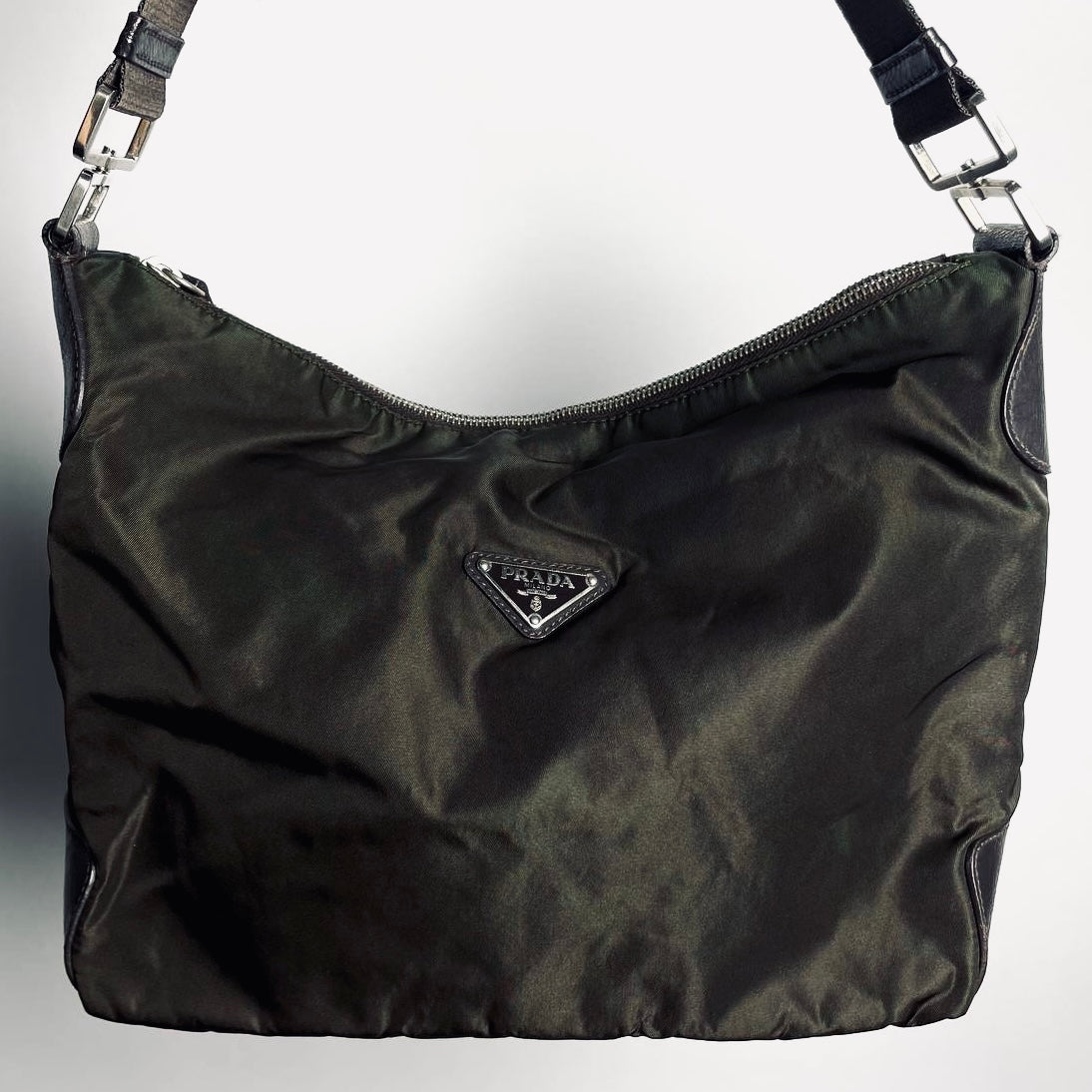 Prada Dark Khaki Tessuto Monogram Logo Hobo Baguette Shoulder Bag