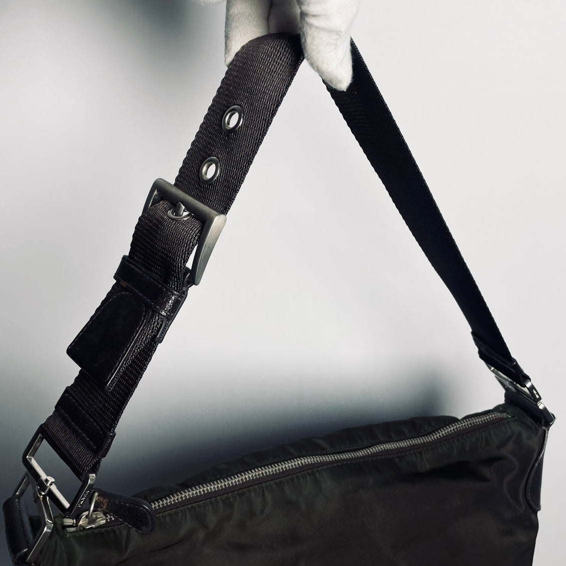 Prada Dark Khaki Tessuto Monogram Logo Hobo Baguette Shoulder Bag