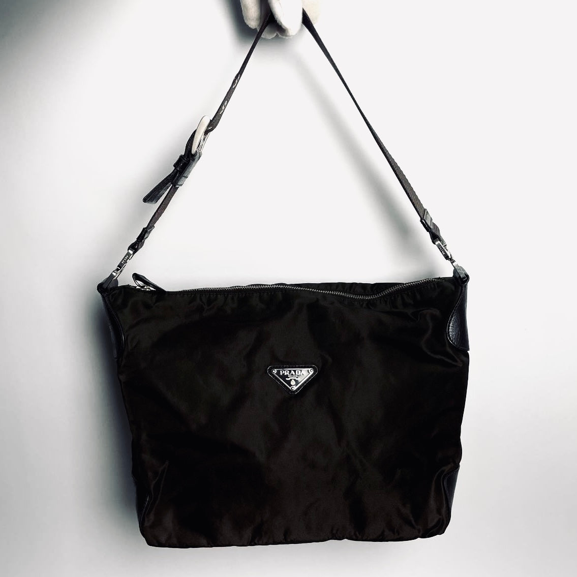 Prada Dark Khaki Tessuto Monogram Logo Hobo Baguette Shoulder Bag