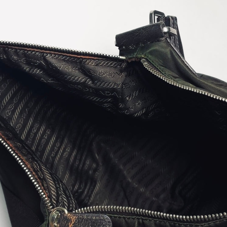 Prada Dark Khaki Tessuto Monogram Logo Hobo Baguette Shoulder Bag