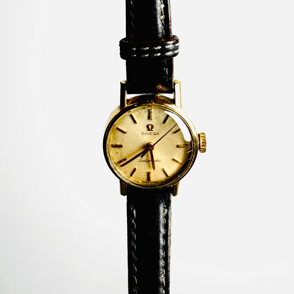 Omega Ladymatic Gold/ White Round Dial Black Leather Strap Automatic 19MM Vintage Watch