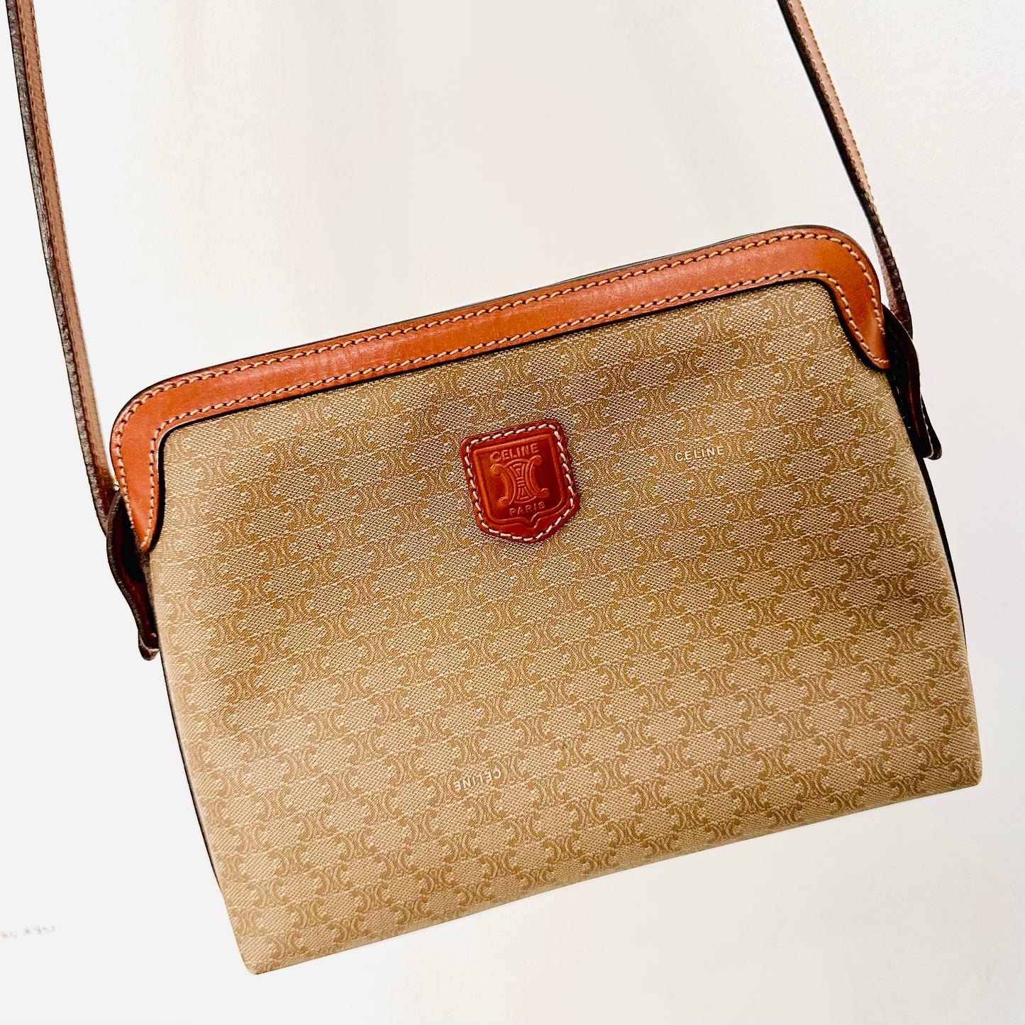 Celine Beige GHW Triomphe Monogram Logo Small Zip Shoulder Sling Bag