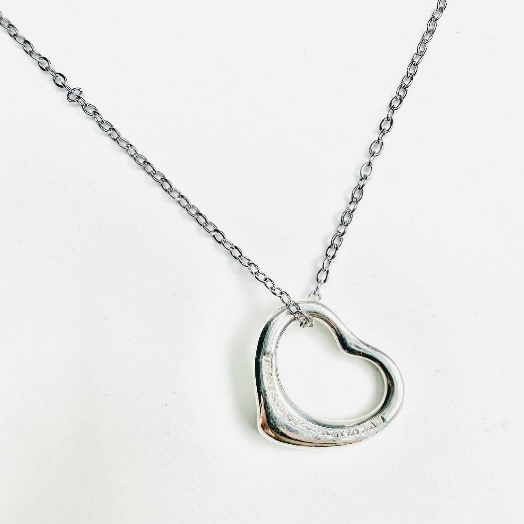 Tiffany & Co T&C Elsa Perreti Open Heart Pendant Classic 925 Sterling Silver Chain Necklace