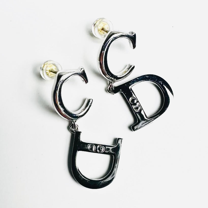 Christian Dior CD Monogram Logo Signature Giant Dangling Silver Stud Earrings