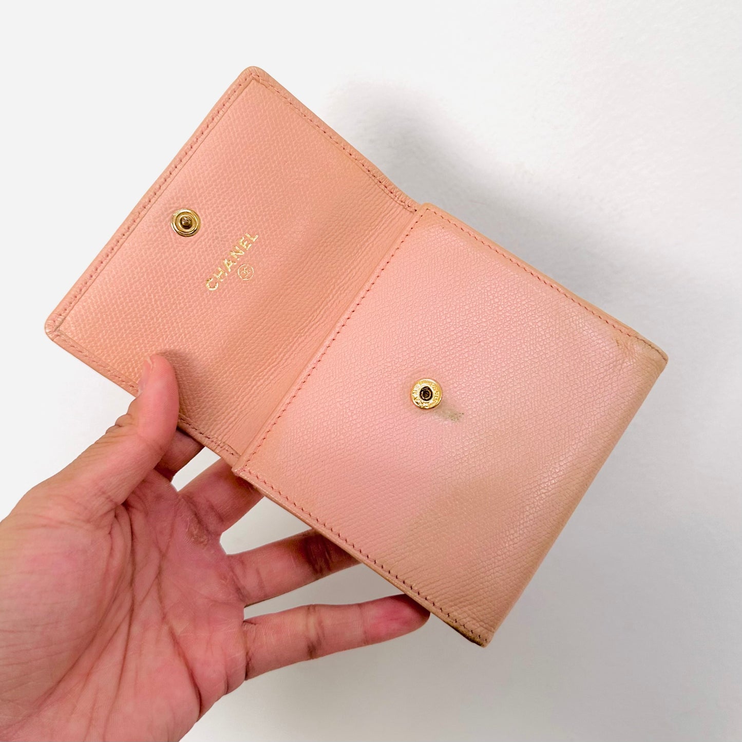 Chanel Blush Pink GHW CC Logo Grained Calfskin Vintage Compact Trifold Flap Wallet 8s