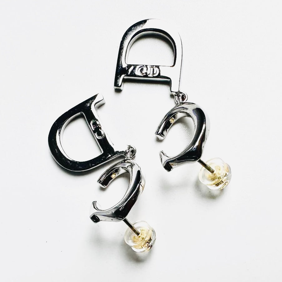 Christian Dior CD Monogram Logo Signature Giant Dangling Silver Stud Earrings