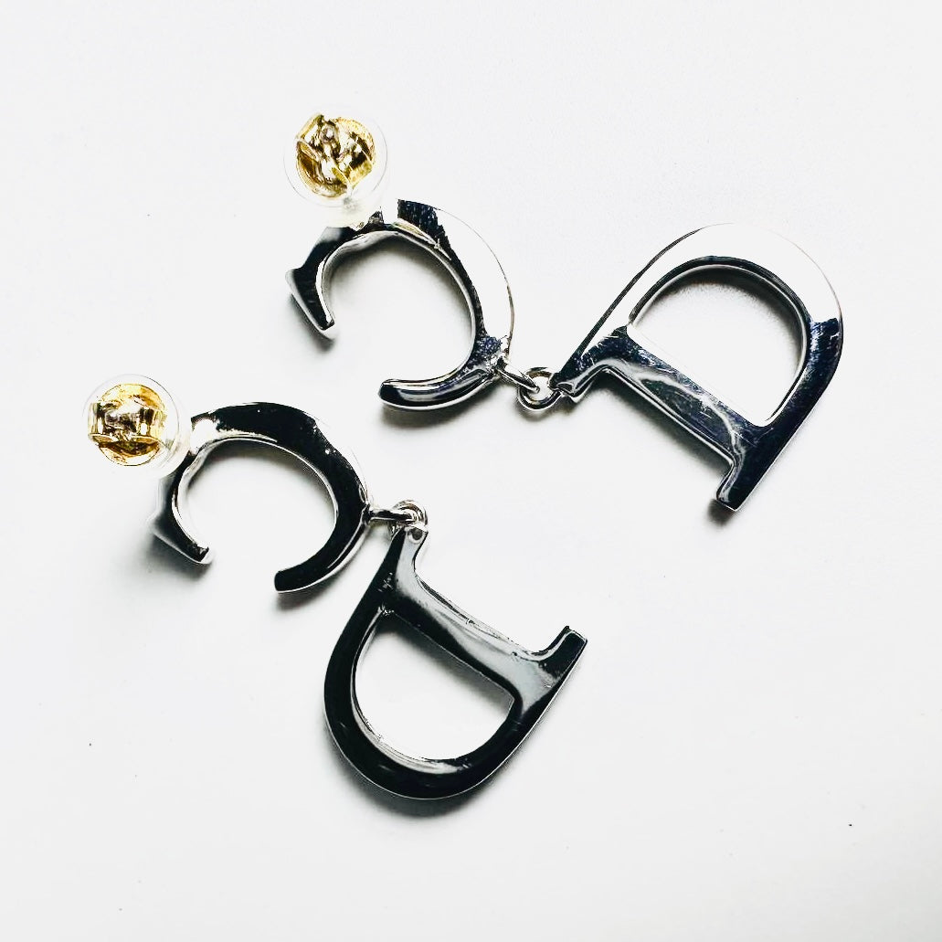 Christian Dior CD Monogram Logo Signature Giant Dangling Silver Stud Earrings