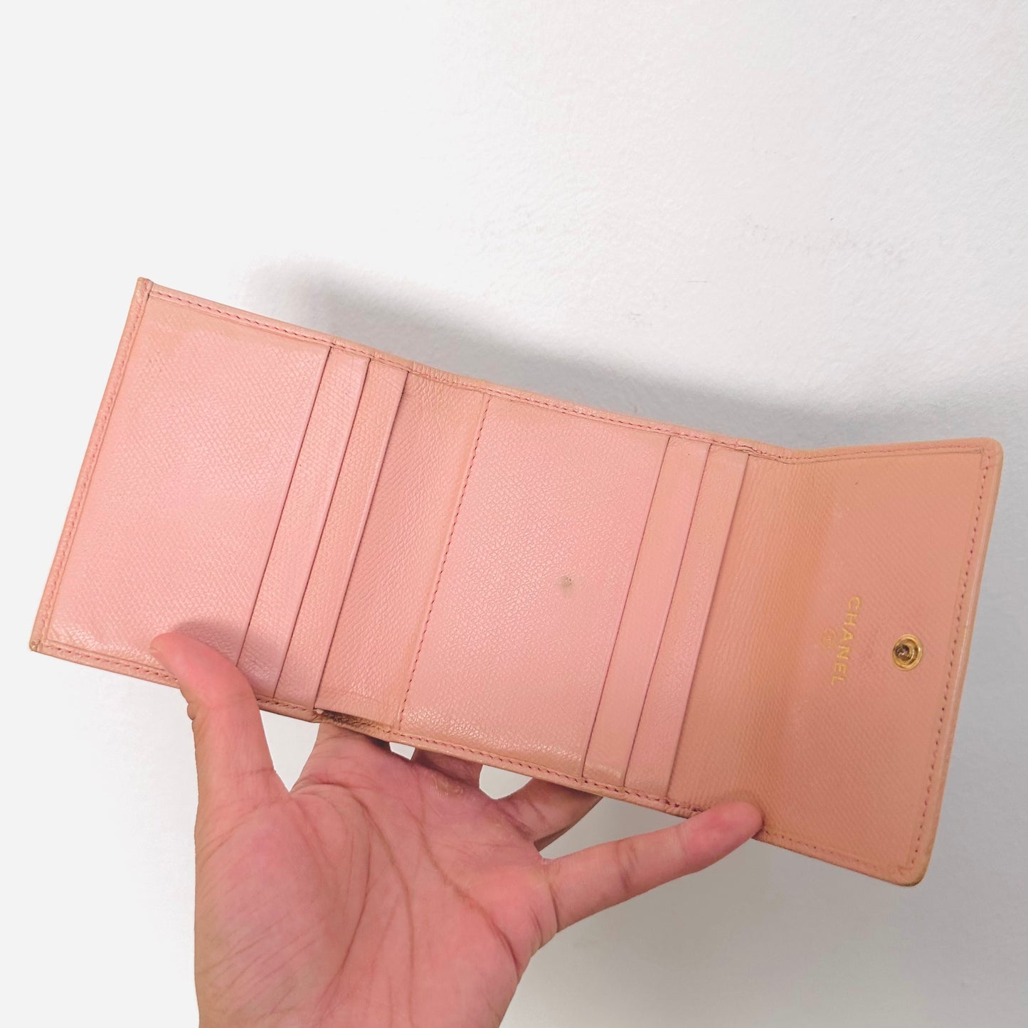 Chanel Blush Pink GHW CC Logo Grained Calfskin Vintage Compact Trifold Flap Wallet 8s