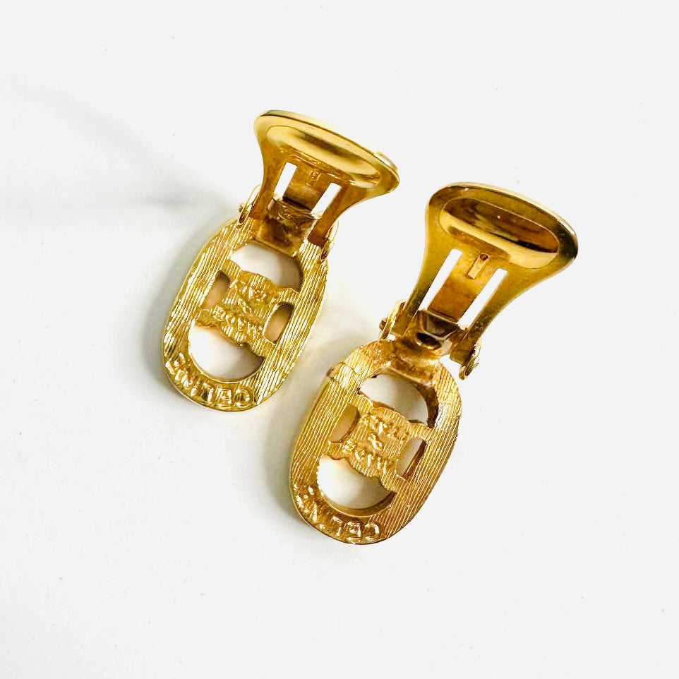 Celine Triomphe Gold Giant Monogram Logo Rhinestone Crystals Vintage Classic Clip On Earrings